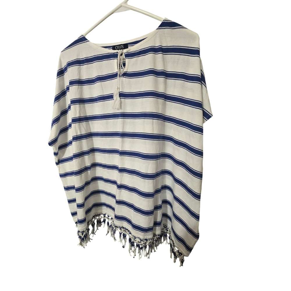 Chaps Denim Womens Medium Blue White Striped Tassel Fringe Poncho Top NWT